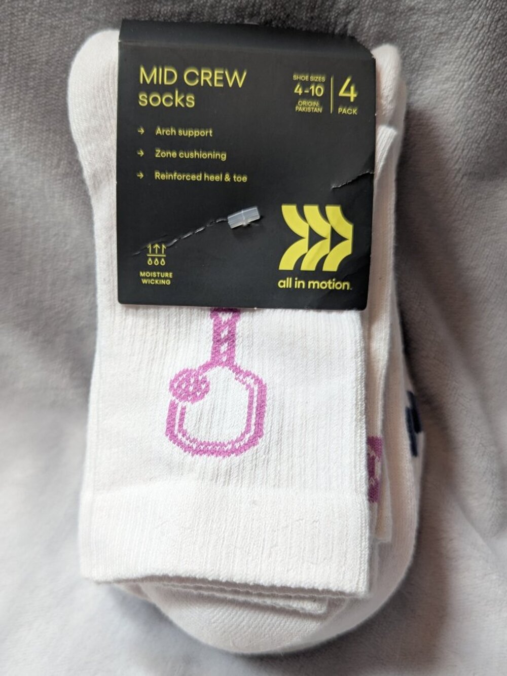 NWT All In Motion Women's Mid Crew 4-Pack Socks Pickleball Themed Sizes 4-10